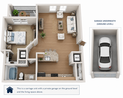 Floor plan for 1 bed, 1 bath, 741 sqft